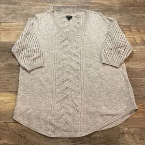 Torrid Grey Pointelle Chevron V-Neck Sweater 3/4 Sleeve Plus Size 2 2X